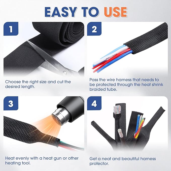 2:1 Heat shrinkable Braided Sleeving Fabric Wire Loom High Temp Heat Shrink Wiring Harness Abrasion Protector Cable Sleeve(1"-15ft)