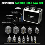 Tungsten Carbide Hole Saw Kit 22 Pcs – Carbide Hole Saw Set 9/16" to 2-1/8" for Metal, Stainless Steel, Wood – Includes 2 Drill Bits, Deburring Tool, 4 Blades, 3 Allen Wrenches – Industrial & DIY Use