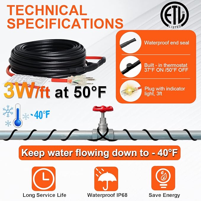Intelligent Pipe Heat Cable for Pipe Freeze Protection, Self-Regulating Water Pipe Heat Cable for Metal and Plastic Home Pipes, Energy-Saving Heat Trace Cable, 12Ft, 120V
