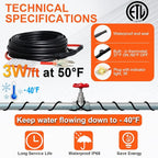 Intelligent Heat Tape for Water Pipe Freeze Protection,Self-Regulating Heating Cable for Metal and Plastic Water Pipes, Built-in Thermostat, Energy-Saving Water Pipe Heat Cable,120Ft, 120V