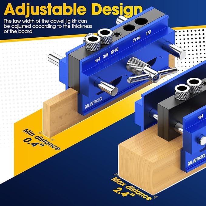Self Centering Doweling Jig Kit, Drill Jig For Straight Holes Biscuit Joiner Set With 6 Drill Guide Bushings, Adjustable Width Drilling Guide Power Tool Accessory Jigs (Blue)