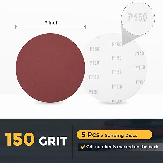 HARFINGTON 5 Pcs 9 Inch Sanding Disc 150 Grit Hook and Loop Sandpaper Random Orbital Sander Pads for Woodworking Automotive Metal Polishing