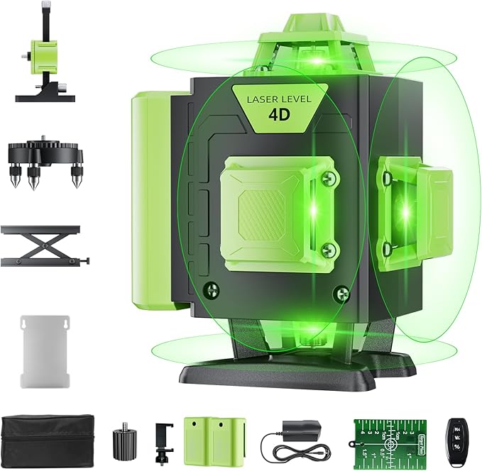 Laser Level 360 Self Leveling, 4 * 360° Green Cross Line Lazer Leveler Tool, Professional 4D Laser Level for Picture Hanging and Construction, Remote Control & 2 Batteries