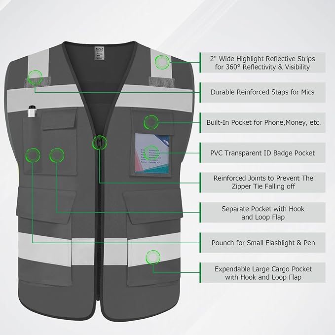 TCCFCCT Safety Vest for Men Women 5 Pockets Reflective Vest with Reinforced Zipper, High Visibility Construction Work Vest with Tabs for Walkie-talkie, Durable to Use, Meets ANSI/ISEA, Grey, XXL