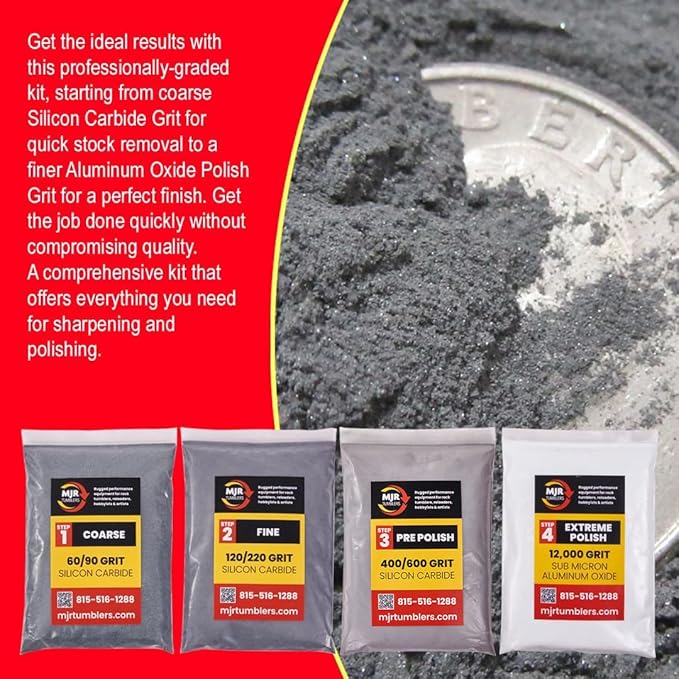 MJR Tumblers Refill Grit Kit w Premium Quality Extreme Polish 12,000 Grit Sub Micron Aluminum Oxide Polish for Unparalleled Result. for 6lb Rock Tumblers w Silicon Carbide, Disabled and Veteran Owned
