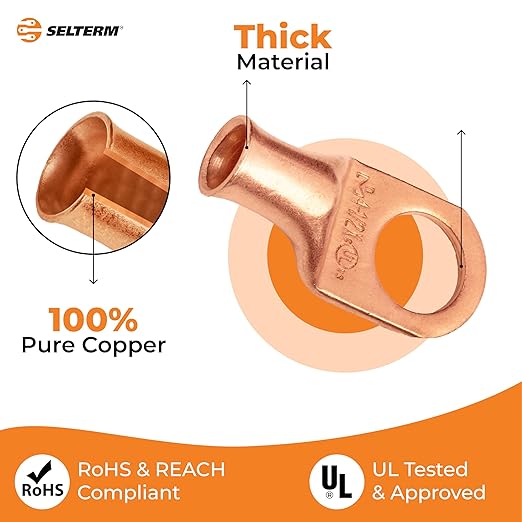 SELTERM 2pcs 4 AWG 1/2" Stud Copper Wire Lugs, Battery Lugs, Ring Terminals, Battery Cable Ends, 4 Guage Ring Terminal Connectors, UL Heavy Duty Bare Copper Eyelets Battery Terminal Connectors