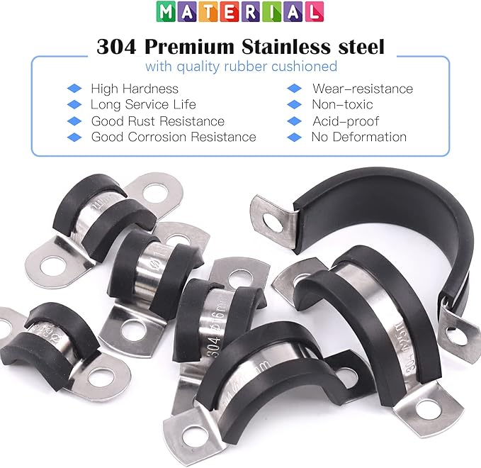 Glarks 16Pcs 8MM 2 Hole U-Tube Strap Clamp Set - 304 Stainless Steel With Rubber Cushion, Rigid Pipe U Bracket Assortment Kit for Fixing (8mm)