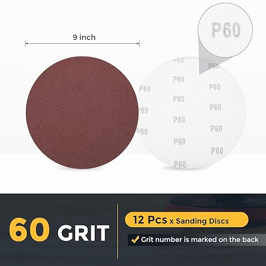 HARFINGTON 12 Pcs 9 Inch Sanding Disc 60 Grit Hook and Loop Sandpaper Random Orbital Sander Pads for Woodworking Automotive Metal Polishing