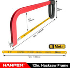 12in. High-Tension Hacksaw Frame with 24 TPI Bi-metal Blade, Hand Saw Suitable for Metal, wood, PVC, Carpentry（Black Handle）