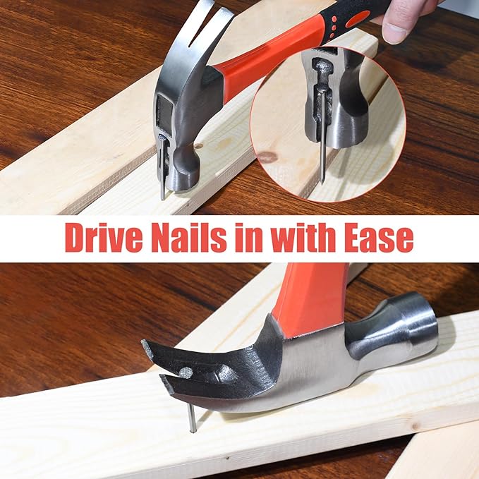 Upgrades 16oz & 8oz Claw Hammer Set with Magnetic Nail Holder, Non-Slip Grip, Dual Nail Grooves Ergonomic Handle for Precision & Safety