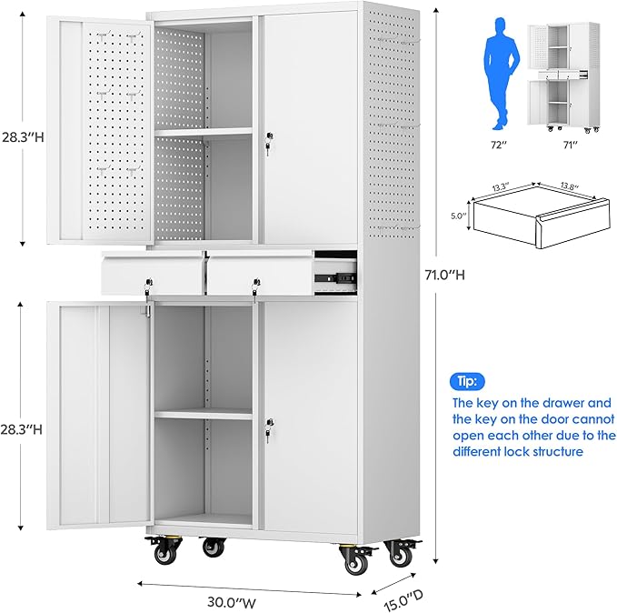Metal Garage Storage Cabinet with Locking Doors and 2 Adjustable Shelves, Rolling Tool Storage Cabinet with 4 Wheels and 2 Drawer for Garage, Warehouse, White, Assembly Required