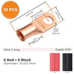 SELTERM 10pcs - 2 Awg - 5/16" Stud - Battery Lugs - Ring Terminal Connectors | with 12pcs 3:1 Black & Red Heat Shrink Tubing with Adhesive | Heavy Duty Battery Cable Ends - Bare Copper Wire Lugs Kit