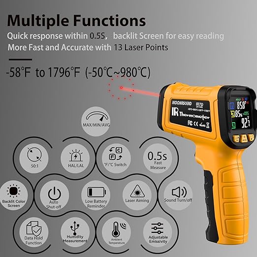 50:1 Infrared Thermometer Temperature Gun, Dual-Mode Temp Gun -58°F to 1796°F, with K-Type Thermocouple for Internal Readings, for Kilns, Industrial, and HVAC Applications