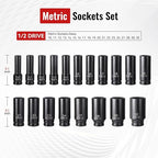 25-Piece 1/2" Drive Socket Set, Metric(10mm-32mm), Deep Sockets, Extension Bars, 1/2" F to 3/8" M Reducer,3/8" F to 1/2" M Reducer, Universal Joint, 6 Point Design, Cr-V