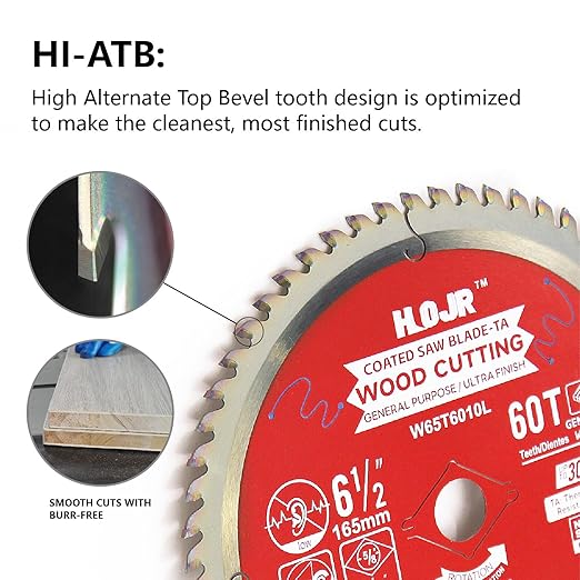 2-Pack 6-1/2" 60-Tooth 5/8" Arbor Woodworking Circular Saw Blade,Ultra Finish/General Purpose,Special Anti-Thermal Adhesion Coating on Cutting Edge-TA,High Finish, Long Life,6-1/2" 60T 5/8"