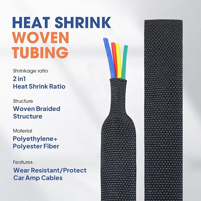 2 to 1 Heat Shrink Woven Tubing Abrasion Resistant Braided Sleeving Shrinkable Fabric Loom Protector for Auto Amp Harness Sheath Cable(1-3/8"ID-216inch)