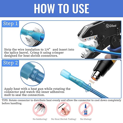 500 PCS Heat Shrink Wire Connectors Qibaok Insulated Electrical Terminals Kit Waterproof Marine Crimp Connector Assortment Ring Fork Spade Butt Splices