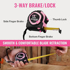 WORKPRO 16-FT Tape Measure with Fractions, 3 Brakes Retractable Measuring Tape, Compact Measurement Tape with Magnetic Hook, Nylon Coating Blade Accuracy 1/32”, Pink