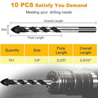 TITGGI 1/4" (10PCS) Masonry Drill Bit Set & Cement Drill Bits, Professional Concrete Drill Bit Set for Glass/Brick/Plastic/Cement/Wood/Tile/Etc, Industrial Strength Carbide Drill Bit Tip