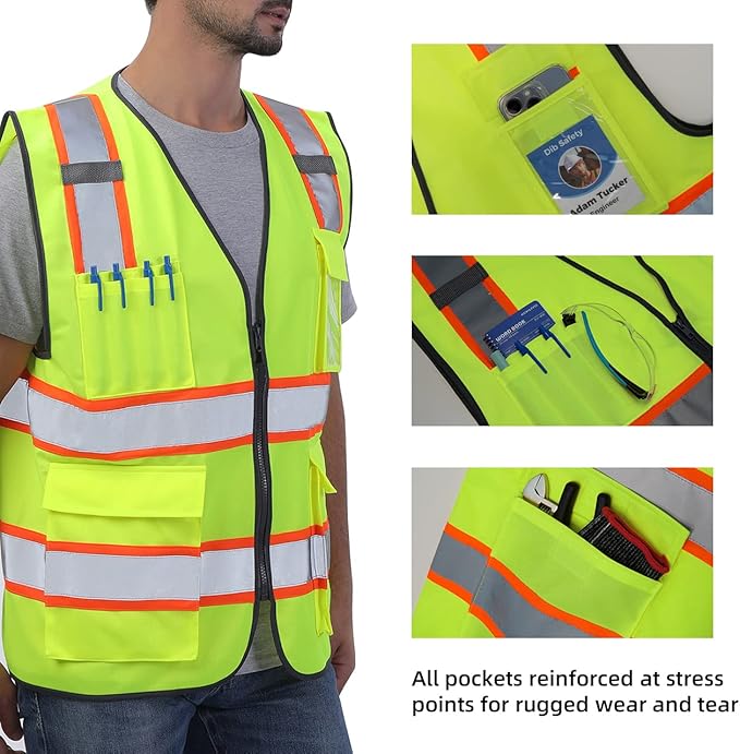 Dib Safety Reflective Vest High Visibility Two Tone with Pockets and Zipper, ANSI Class 2 Compliant, Yellow with Orange Trim L