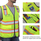 Dib Safety Reflective Vest High Visibility Two Tone with Pockets and Zipper, ANSI Class 2 Compliant, Yellow with Orange Trim L