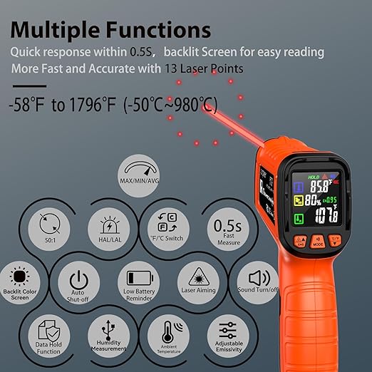 Dual-Mode 50:1 Infrared Thermometer Gun -58°F to 1796°F, with K-Type Thermocouple for Internal Measurements, Max/Min Temperature, Alarm for Industrial & Home Use