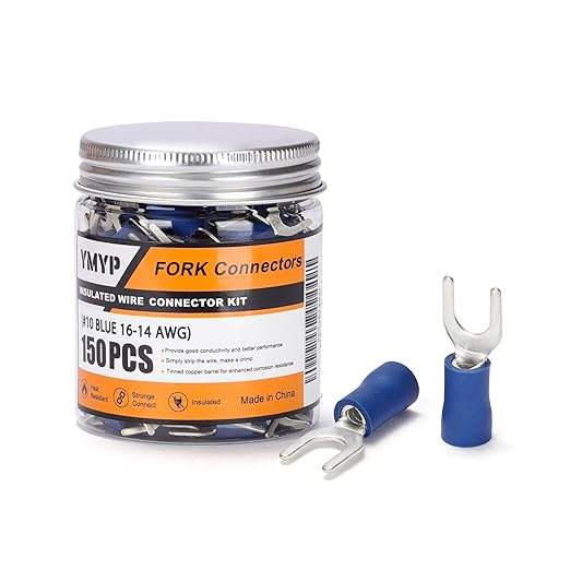 150PCS Fork Wire Connectors Insulated - Blue 16-14 AWG M5 Stud Size #10 - U-Type Tinned Copper Spade Electrical Crimp PVC Terminals
