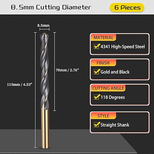 Drill Bit, 8.5mm Cutting Diameter, 4341 HSS Gold and Black 118° Cutting Angle Number Jobber Bits - (Applications: for Drilling Soft Metal Plastic Wood), 6-Pieces