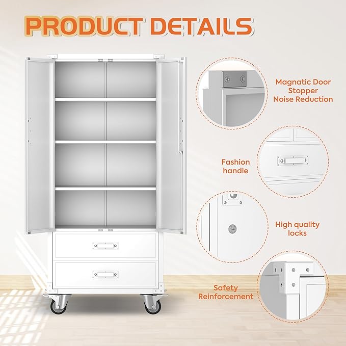 Aobabo Metal Storage Cabinet with 2 Large Drawer, Lockable Steel Storage Cabinet with 3 Adjustable Shelves, for Home, Office, Garage, Classroom, White, Assembly Required