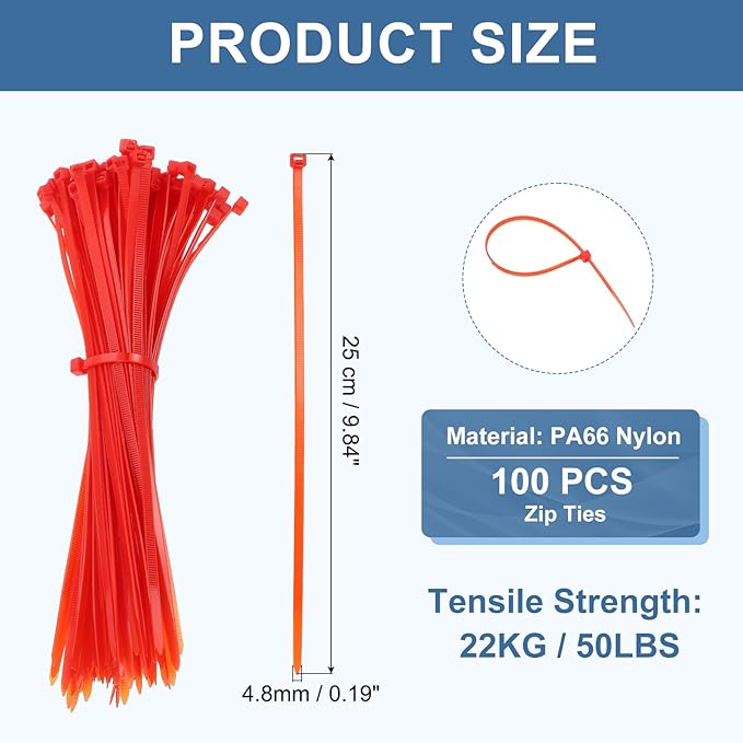 PATIKIL Cable Zip Ties 10 Inch, 100 Pcs Self-Locking Nylon Wire Tie Wraps Heavy Duty Cord Management with 50 lbs Tensile Strength for Indoor and Outdoor, Red (0.2" W)