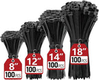 Zip Ties Assorted Sizes(8", 12", 14", 18")- 400 Pack, Zip Ties Heavy Duty with 120 lb Tensile Strength, Black Cable Ties, Wire ties, Paloka