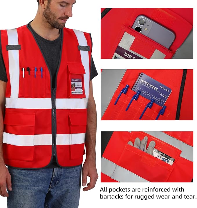 Dib Safety Reflective Vest High Visibility with Pockets and Zipper, Red M