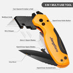 Folding Utility Knife with Pry Bar – Quick Change Box Cutter with Belt Clip, Liner Lock and 2 Extra SK5 Blades for Construction DIY and Outdoor Tasks