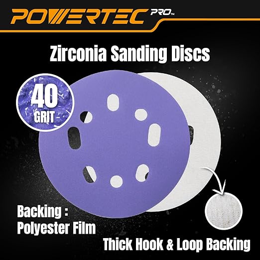 POWERTEC PRO 50PK, 5 Inch Sanding Discs Hook and Loop, 40 Grit, Zirconia Orbital Sander Sandpaper for 5 & 8 Hole Random Orbital Sanders - Automotive, Paint, Metal, Woodworking (45304Z-50)