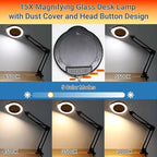 15X Magnifying Glass with Light, Real Glass Lens, 84 LEDs, 5 Color Modes, 10 Brightness Dimmable, Adjustable Swing Arm with Clamp, Hands-Free Magnifier for Reading, Crafts, Repair, Sewing, Close Work