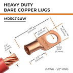 SELTERM 10pcs 2 AWG - 1/2" Stud - Battery Lugs, Heavy Duty Wire Lugs, Ring Terminals, Battery Cable Ends,2 Gauge Terminals, UL Bare Copper Eyelets Electrical Battery Terminal Connectors