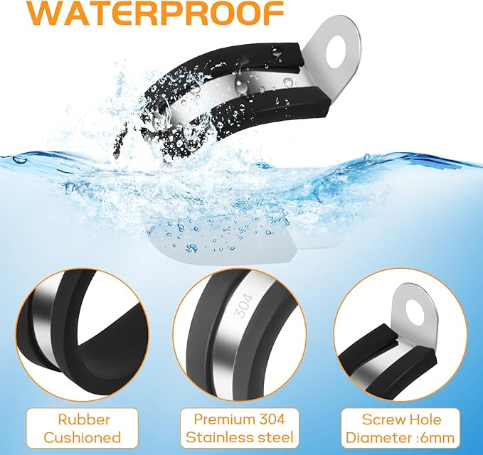 20 Pcs 3/8 Inch 304 Stainless Steel Cable Clamp, Rubber Cushioned Insulated Clamp, Conduits Pipe Strap Clamps for Pipe Fixing on Various Surfaces