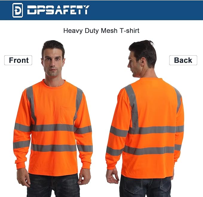 High Visibility Class 3 T Shirts，Hi Vis Safety Shirts with Reflective Strips and Pocket, Long Sleeve Quick Dry Mesh Construction Work Shirt for Men/Women Orange,XL