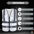 A-SAFETY Hi Reflective Safety Vest,Hi Vis Bright Neon Colors Safety Vest with 4 Reflective Strips 7 Pockets(White L)