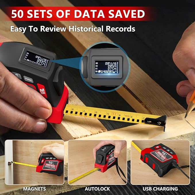 Alloyman 2-in-1 Digital Tape Measure, 16Ft Length, 6 Unit Options, 4 Measuring Modes, Stores 50 Records, Auto Lock with Magnetic Hook, Waterproof & Drop-Resistant