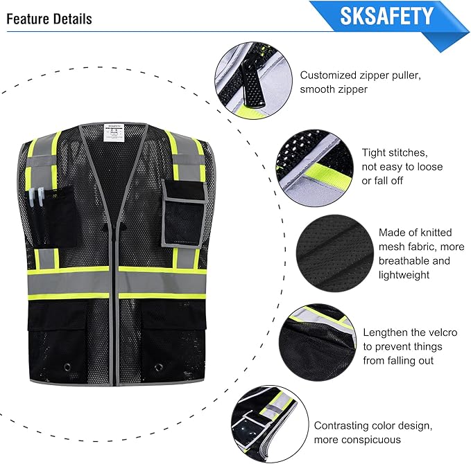 SKSAFETY 10 Pockets Safety Vest, Class 2 High Visibility Security with Zipper Double-sided mesh, Hi Vis Vest with Reflective Strips, ANSI/ISEA Standard, Construction Work Vest （Black, M）