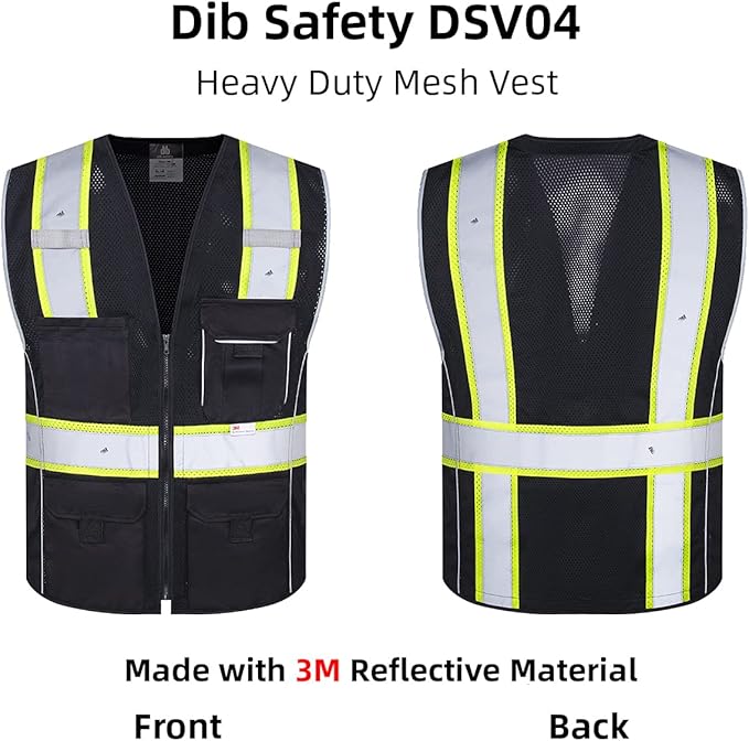 Dib Safety Vest Reflective Black Mesh, High Visibility Vest with Pockets and Zipper, Heavy Duty Vest Made with 3M Reflective Tape M