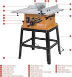 10 Inch Table Saw with Stand, 15 Amp 5000RPM Portable Table Saw, 90°Cross Cut & 0-45°Bevel Cut, Adjustable Depth, Multifunctional Saw for Woodworking, Metal, Plastic, Orange