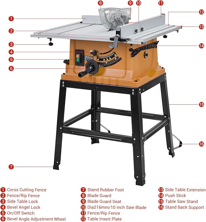 10 Inch Table Saw with Stand, 15 Amp 5000RPM Portable Table Saw, 90°Cross Cut & 0-45°Bevel Cut, Adjustable Depth, Multifunctional Saw for Woodworking, Metal, Plastic, Orange
