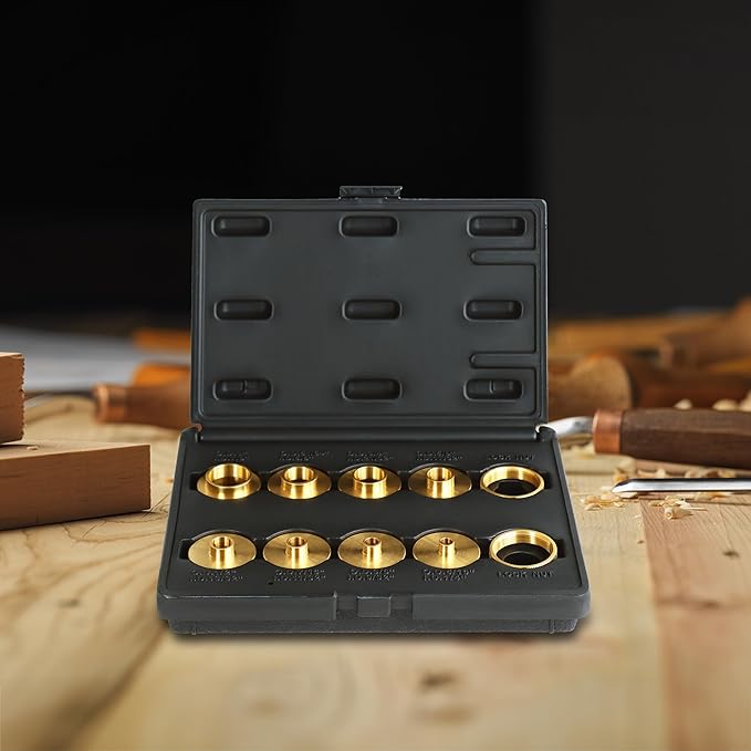 DCT Brass Router Template Guides Bushing 10-Piece Set & Black Carrying Case - Porter-Cable Guide Bushings 5/16 to 1in