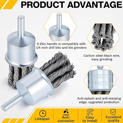 10 Pack 1 Inch Knot Wire Brush for Drill- 1/4 Inch Shank Die Grinder Wire Wheel Sturdy Twist Drill Grinder Attachment for Paint Removal, Cleaning, Deburring Carbon Steel Black