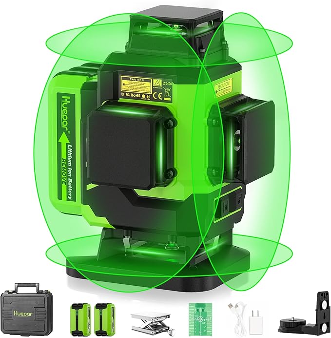 Huepar Laser Level, Self-leveling 16 Lines Green Beam 4D Cross Line Tiling Floor Laser Tool-2 x 360 Horizontal & 2 x 360 Vertical Laser Lines with Two Li-ion Batteries and Hard Carry Case-LS04CG