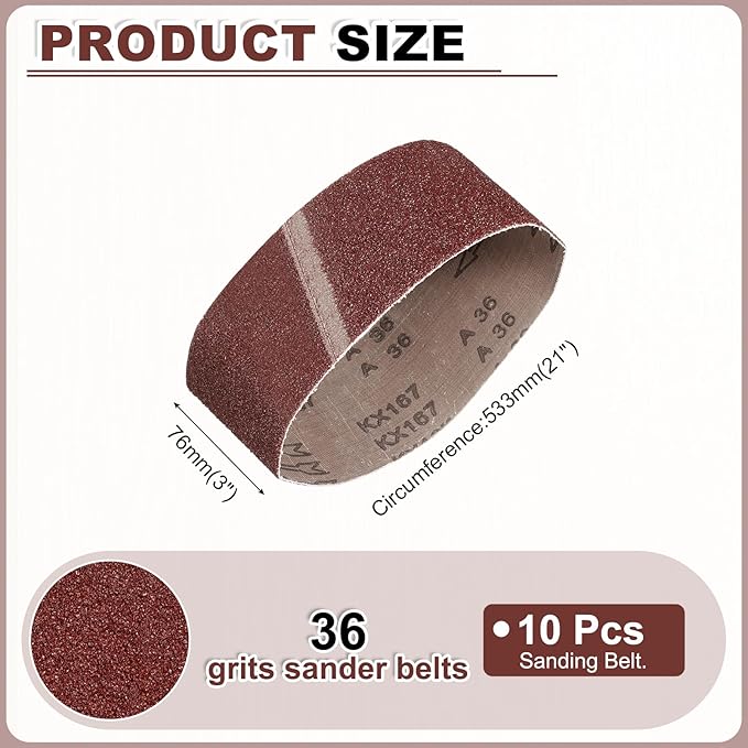 HARFINGTON 3 x 21 Inch Sanding Belts, 10 Pcs 36 Grits Aluminum Oxide Abrasive Belt Sander File Belt for Woodworking, Metal Polishing, Knife Sharpener