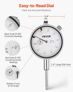 VEVOR Dial Test Indicator with Dual Rod Stand and Storage Case, 0.001 inch Accuracy, 0-1 inch Range, Fine Adjustable Long Arm, Non-Magnetic Centering Rods for Machine Set-Up, Narrow Area Measurement
