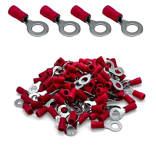 ANGSTROM 1/4" Bolt Ring Terminals, Insulated Electrical Crimp Connectors 100pcs (22-16ga Red)